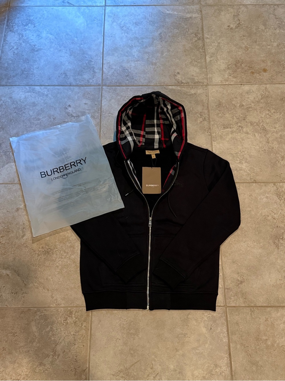 Burberry Black Hoodie with Red and White Check-Lined Hood